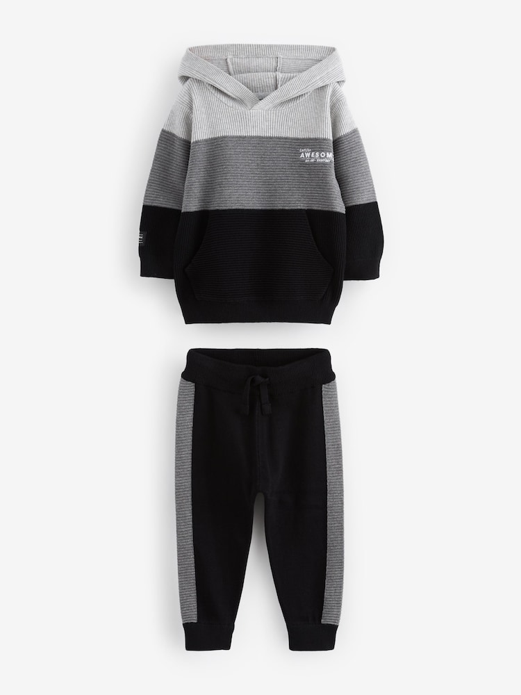 Black/Grey Knitted Textured 100% Cotton Hoodie and Joggers Set (3mths-7yrs) - Image 1 of 4