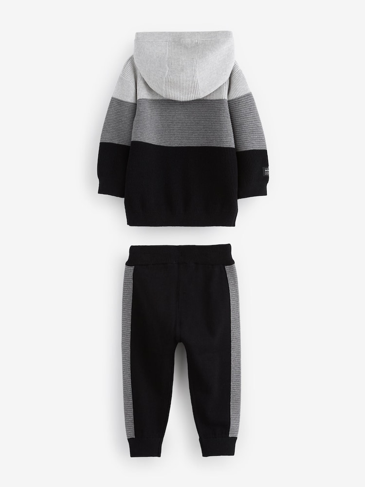 Black/Grey Knitted Textured 100% Cotton Hoodie and Joggers Set (3mths-7yrs) - Image 2 of 4