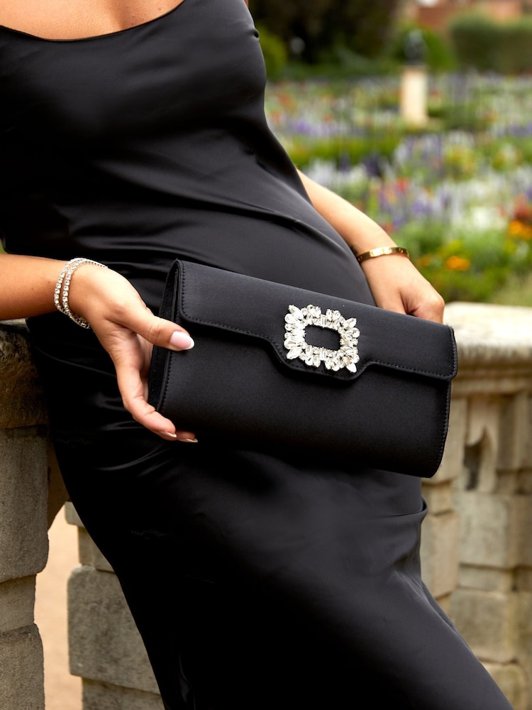 Linzi Black Wonder Satin Diamante Clutch Bag - Image 1 of 2