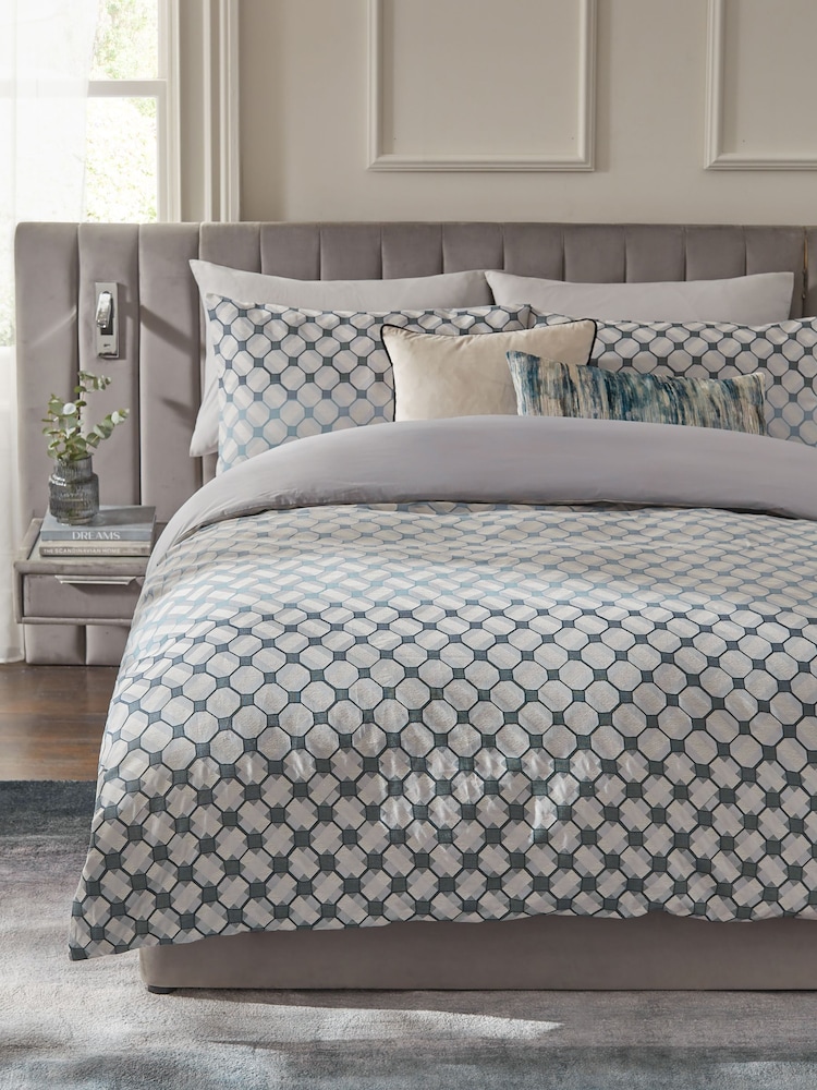 Blue Geometric 100% Cotton 200TC Jacquard Duvet Cover and Pillowcase Set - Image 1 of 4