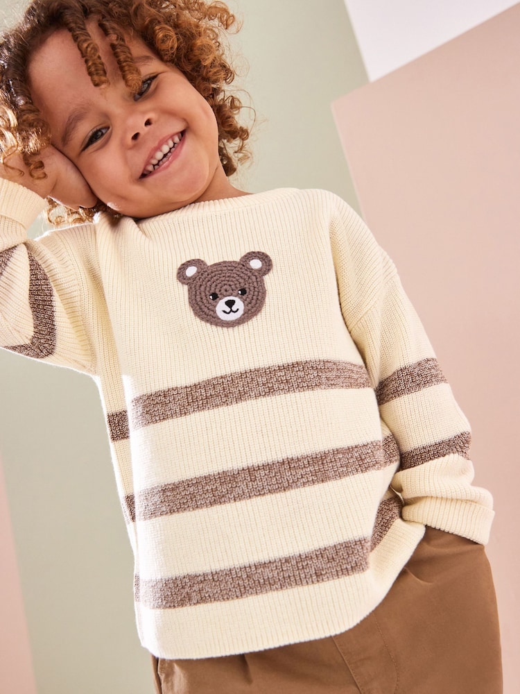 Ecru/bruin - Bear Stripe Knitted 100% Cotton Crew Neck Jumper (3mths-7yrs) - Image 1 of 7