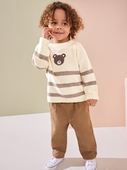 Ecru/bruin - Bear Stripe Knitted 100% Cotton Crew Neck Jumper (3mths-7yrs) - Image 2 of 7