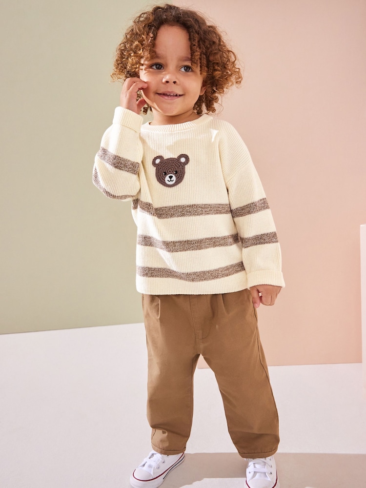 Ecru/bruin - Bear Stripe Knitted 100% Cotton Crew Neck Jumper (3mths-7yrs) - Image 2 of 7