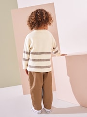 Ecru/bruin - Bear Stripe Knitted 100% Cotton Crew Neck Jumper (3mths-7yrs) - Image 3 of 7