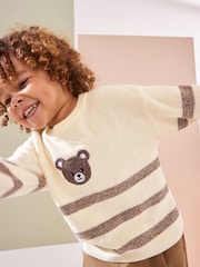 Ecru/bruin - Bear Stripe Knitted 100% Cotton Crew Neck Jumper (3mths-7yrs) - Image 4 of 7