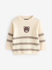 Ecru/bruin - Bear Stripe Knitted 100% Cotton Crew Neck Jumper (3mths-7yrs) - Image 5 of 7