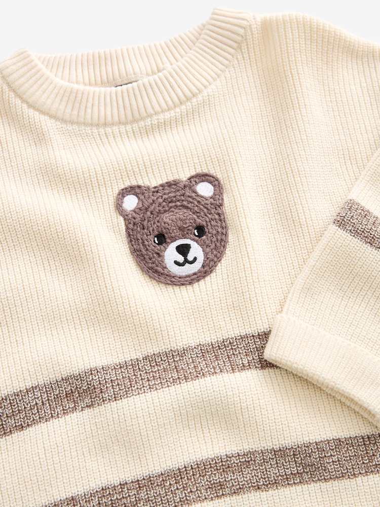 Ecru/bruin - Bear Stripe Knitted 100% Cotton Crew Neck Jumper (3mths-7yrs) - Image 7 of 7