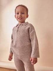 Neutral Knitted Long Sleeve Polo And Joggers Set (3mths-7yrs) - Image 3 of 9