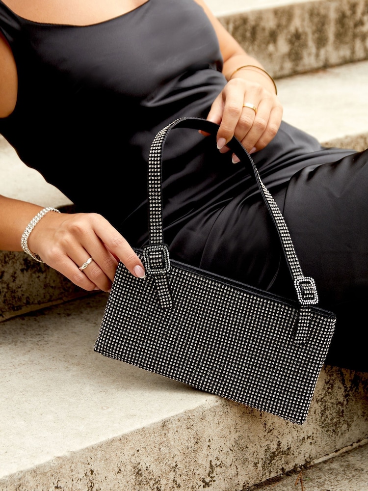 Linzi Black Fantasy Satin Diamante Shoulder Bag - Image 1 of 4