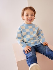Blue Checkerboard Crew Neck Knitted Jumper (3mths-7yrs) - Image 1 of 7