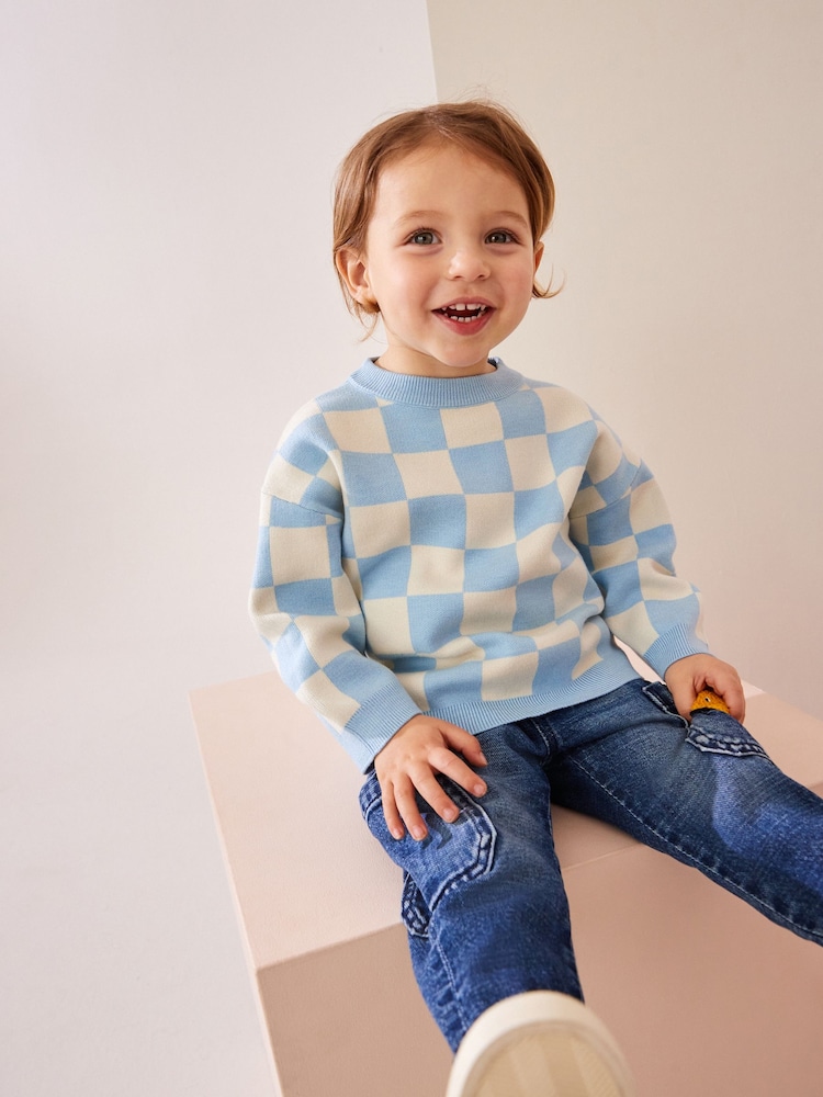 Blue Checkerboard Crew Neck Knitted Jumper (3mths-7yrs) - Image 1 of 7
