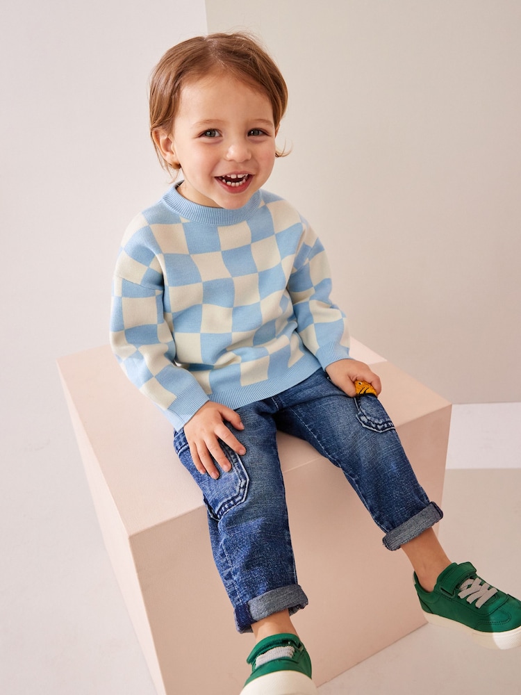 Blue Checkerboard Crew Neck Knitted Jumper (3mths-7yrs) - Image 2 of 7