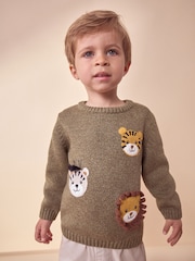 Khaki Green Safari Animals Crew Neck Knitted 100% Cotton Jumper (3mths-7yrs) - Image 1 of 7