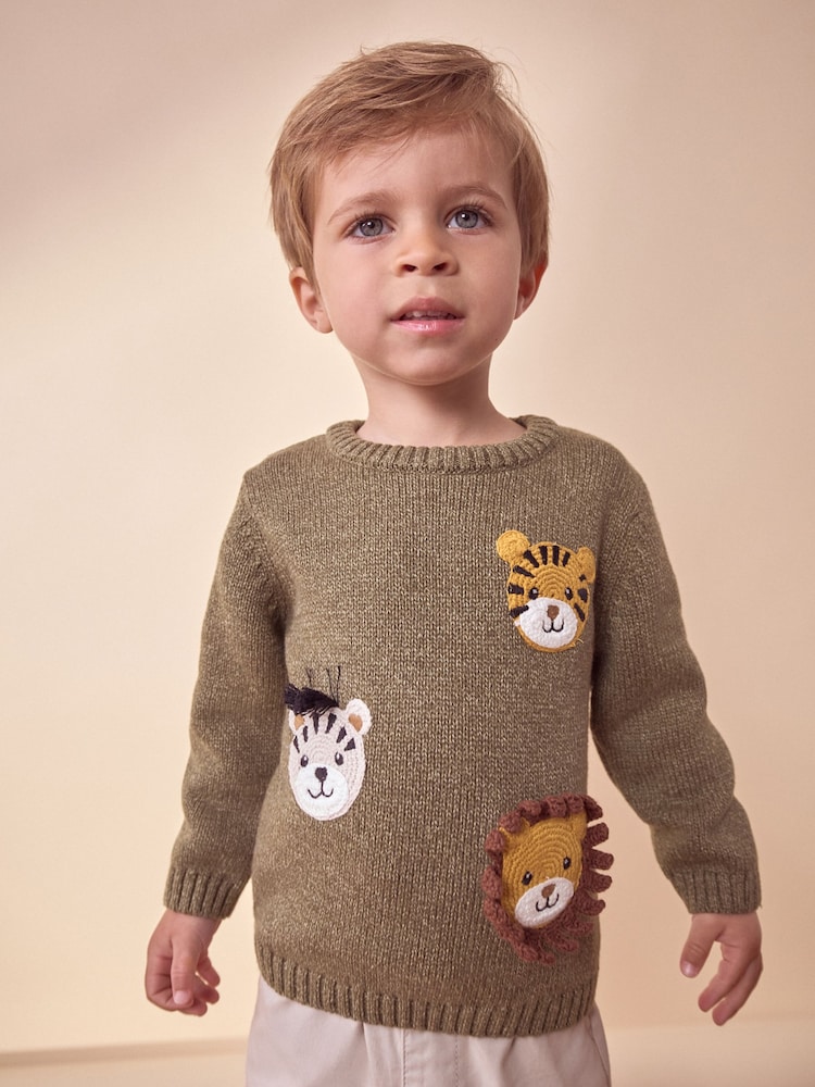 Khaki Green Safari Animals Crew Neck Knitted 100% Cotton Jumper (3mths-7yrs) - Image 1 of 7