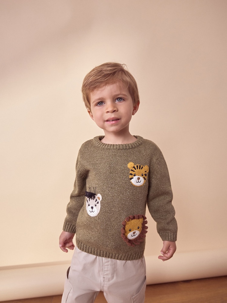 Khaki Green Safari Animals Crew Neck Knitted 100% Cotton Jumper (3mths-7yrs) - Image 3 of 7