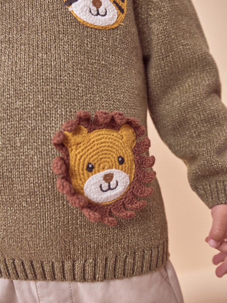 Khaki Green Safari Animals Crew Neck Knitted 100% Cotton Jumper (3mths-7yrs) - Image 4 of 7