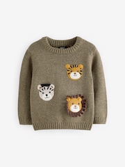 Khaki Green Safari Animals Crew Neck Knitted 100% Cotton Jumper (3mths-7yrs) - Image 5 of 7