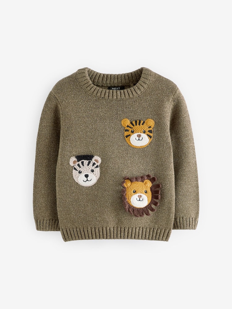 Khaki Green Safari Animals Crew Neck Knitted 100% Cotton Jumper (3mths-7yrs) - Image 5 of 7