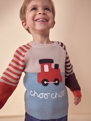 Blue/Neutral Train Knitted 100% Cotton Crew Neck Jumper (3mths-7yrs) - Image 1 of 4
