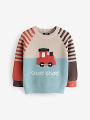 Blue/Neutral Train Knitted 100% Cotton Crew Neck Jumper (3mths-7yrs) - Image 2 of 4
