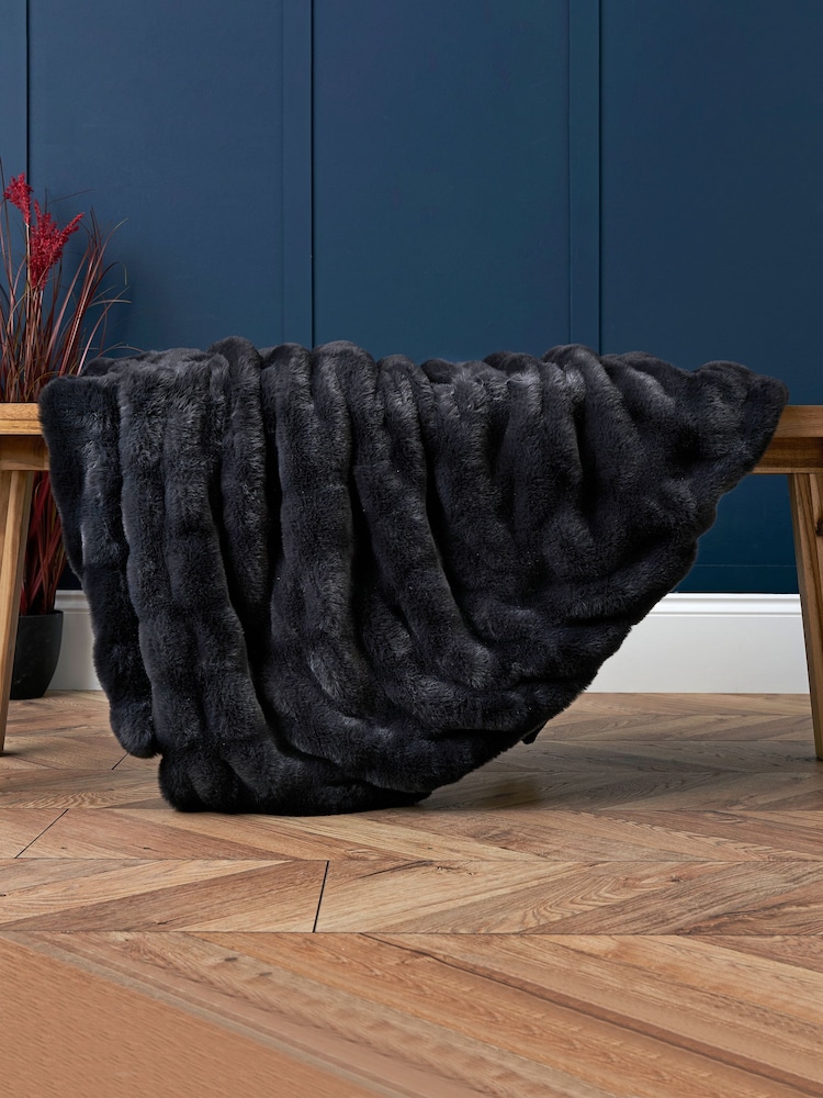 BHS Black Ruched Faux Fur Throw - Image 1 of 4