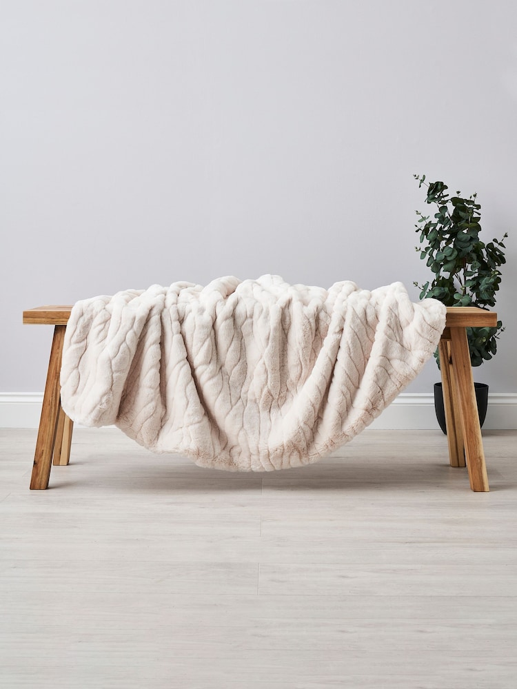BHS Cream Luxury Embossed Rabbit Faux Fur Throw - Image 1 of 3