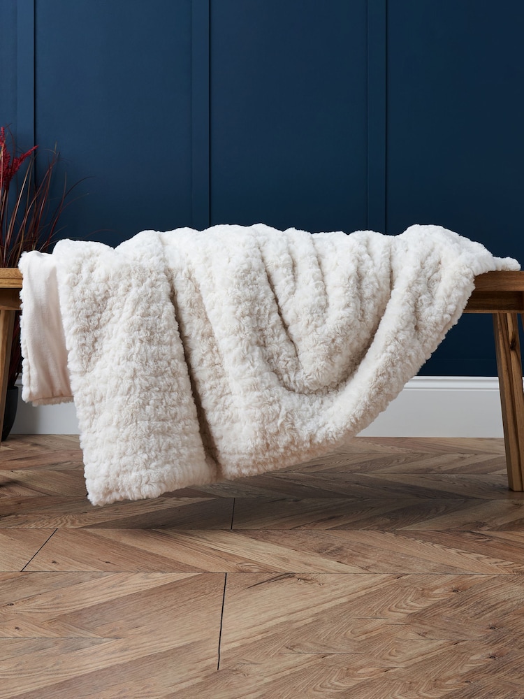 BHS Cream Faux Fur Bouclé Throw - Image 1 of 4
