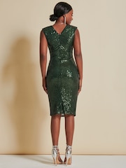 Jolie Moi Dark Green Sequin Wrap Slit Pencil Dress - Image 5 of 6