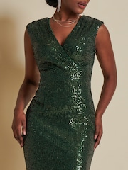 Jolie Moi Dark Green Sequin Wrap Slit Pencil Dress - Image 6 of 6