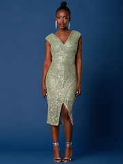 Jolie Moi Green Sequin Wrap Slit Pencil Dress - Image 1 of 6