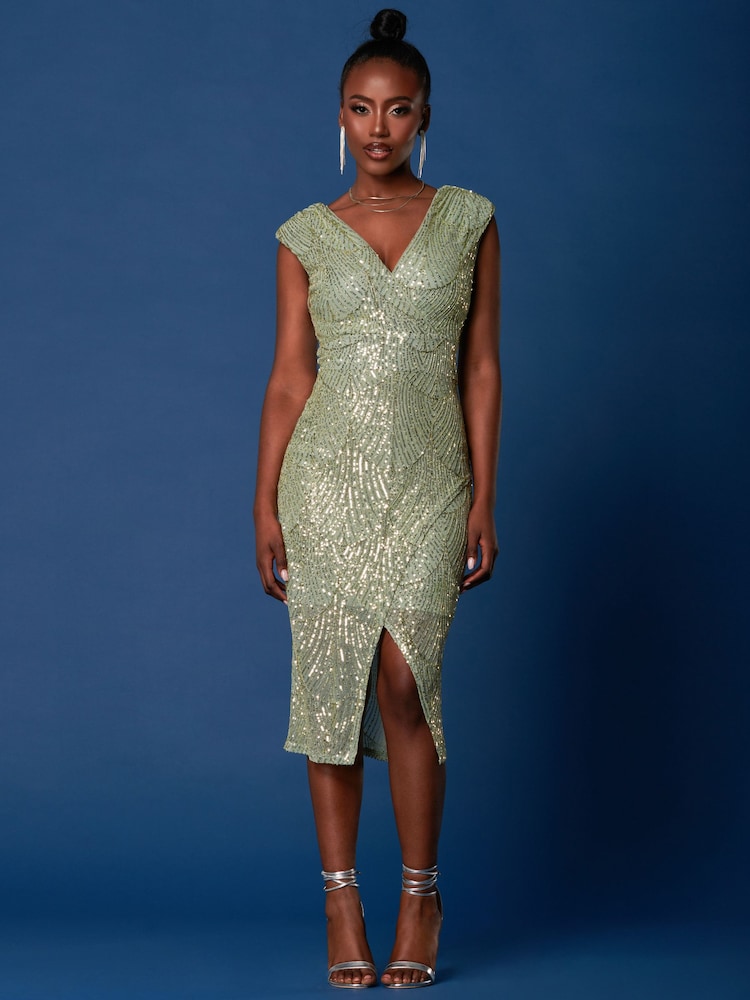 Jolie Moi Green Sequin Wrap Slit Pencil Dress - Image 1 of 6