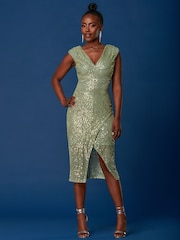Jolie Moi Green Sequin Wrap Slit Pencil Dress - Image 3 of 6