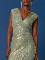 Jolie Moi Green Sequin Wrap Slit Pencil Dress - Image 4 of 6