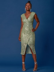 Jolie Moi Green Sequin Wrap Slit Pencil Dress - Image 5 of 6