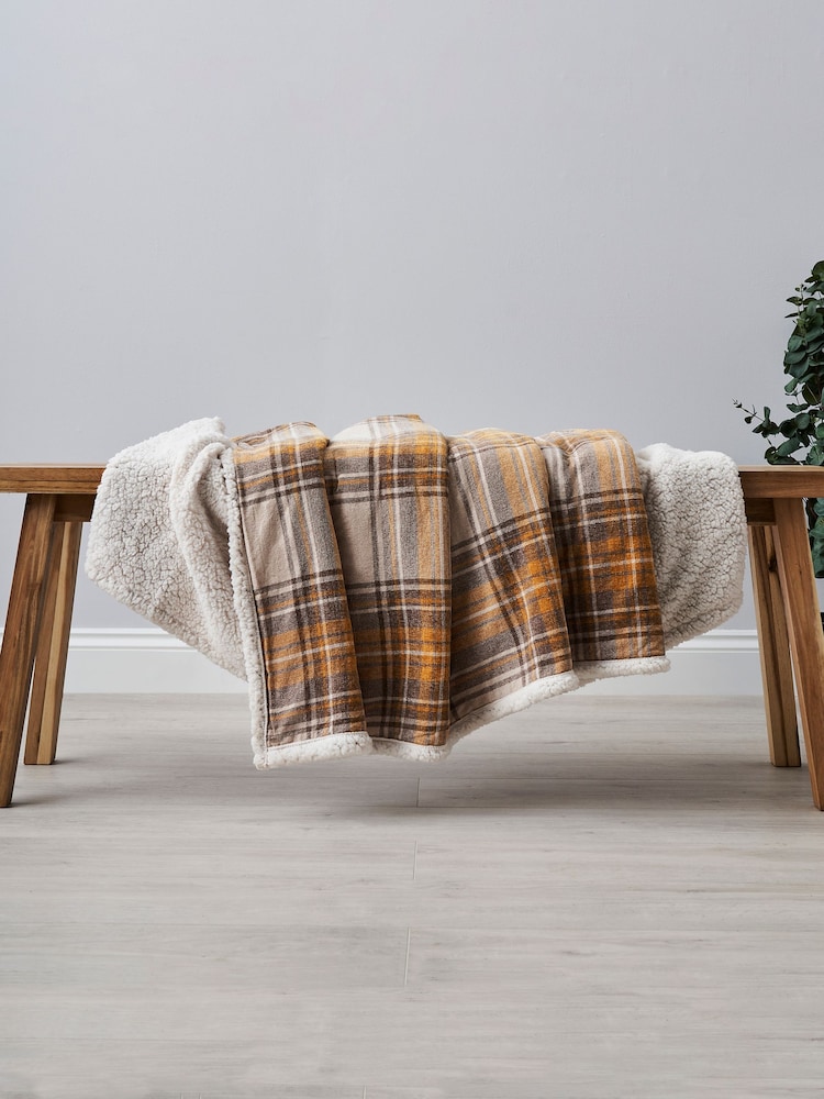 BHS Ochre Yellow Luxury Warm Check with Sherpa Throw - Image 1 of 3