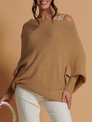 Jolie Moi Brown Asymmetric Draped Soft Knit Jumper - Image 1 of 4