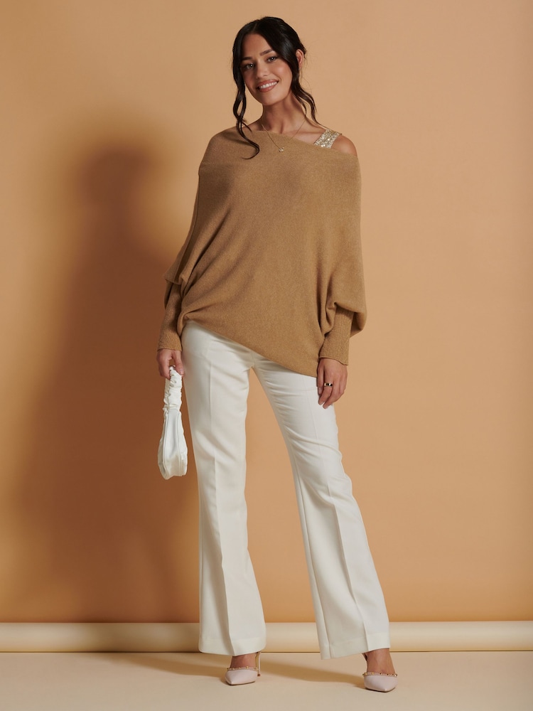Jolie Moi Brown Asymmetric Draped Soft Knit Jumper - Image 2 of 4