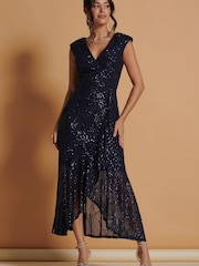Jolie Moi Navy Blue Sequin Wrap Ruffle Hem Maxi Dress - Image 1 of 4