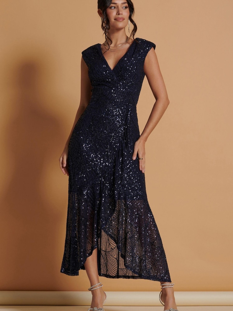 Jolie Moi Navy Blue Sequin Wrap Ruffle Hem Maxi Dress - Image 1 of 4