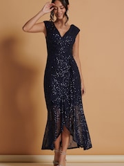 Jolie Moi Navy Blue Sequin Wrap Ruffle Hem Maxi Dress - Image 2 of 4