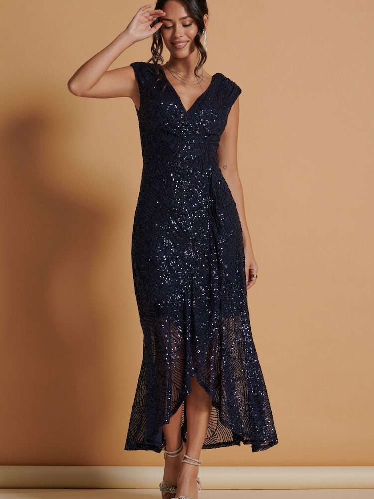Jolie Moi Navy Blue Sequin Wrap Ruffle Hem Maxi Dress - Image 2 of 4