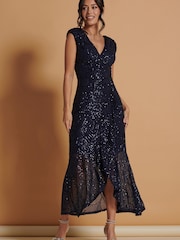 Jolie Moi Navy Blue Sequin Wrap Ruffle Hem Maxi Dress - Image 3 of 4