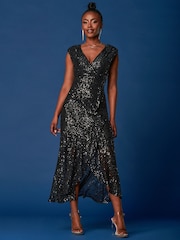 Jolie Moi Black Sequin Wrap Ruffle Hem Maxi Dress - Image 1 of 6