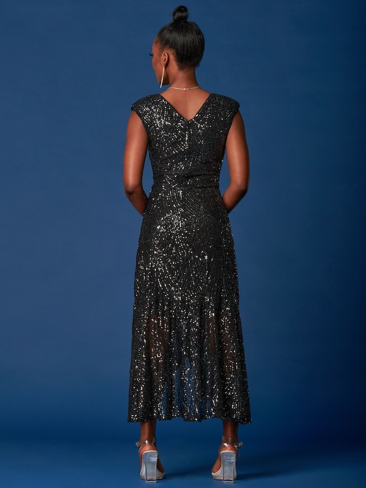Jolie Moi Black Sequin Wrap Ruffle Hem Maxi Dress - Image 2 of 6