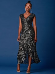 Jolie Moi Black Sequin Wrap Ruffle Hem Maxi Dress - Image 3 of 6