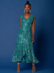 Jolie Moi Blue Sequin Wrap Ruffle Hem Maxi Dress - Image 1 of 6