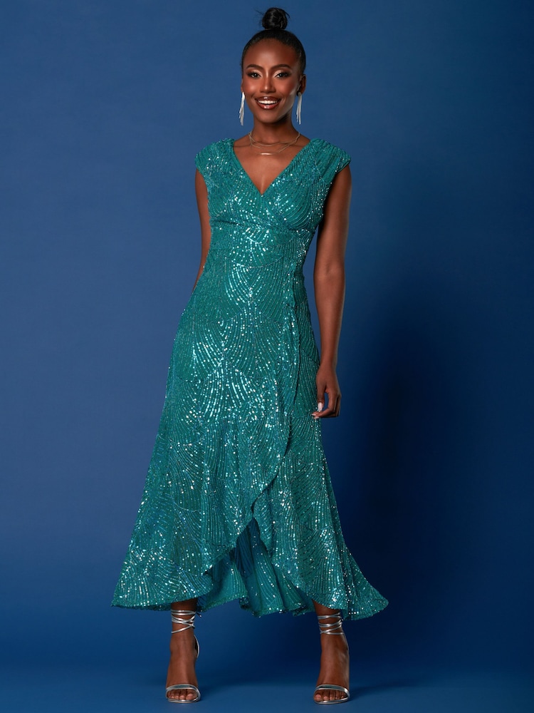 Jolie Moi Blue Sequin Wrap Ruffle Hem Maxi Dress - Image 1 of 6