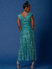 Jolie Moi Blue Sequin Wrap Ruffle Hem Maxi Dress - Image 2 of 6