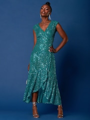 Jolie Moi Blue Sequin Wrap Ruffle Hem Maxi Dress - Image 3 of 6