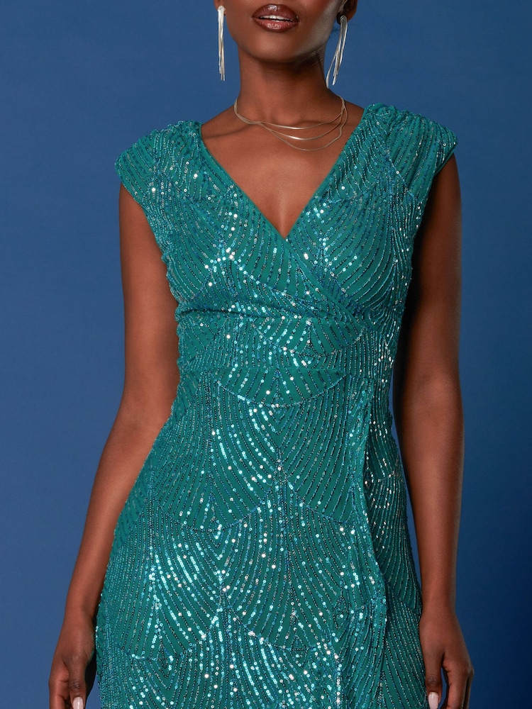 Jolie Moi Blue Sequin Wrap Ruffle Hem Maxi Dress - Image 6 of 6
